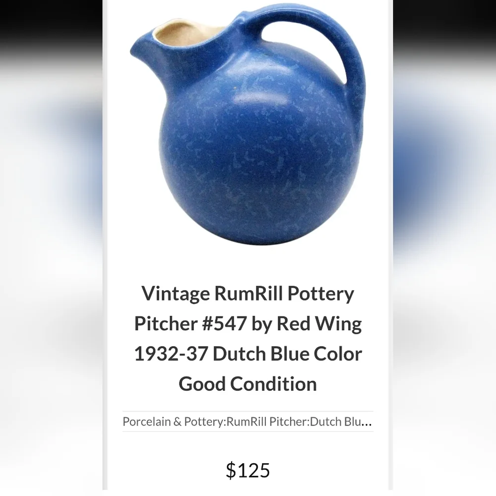Vintage Rumrill Pottery By Red Wing Dutch Blue Ball Pitcher 1932-1937
